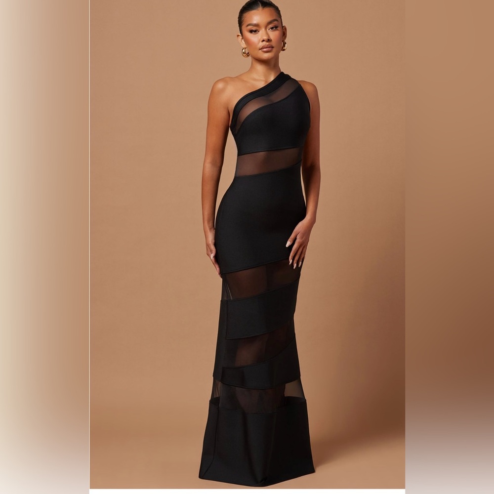 NWT beautiful black gown with one shoulder and mesh detail